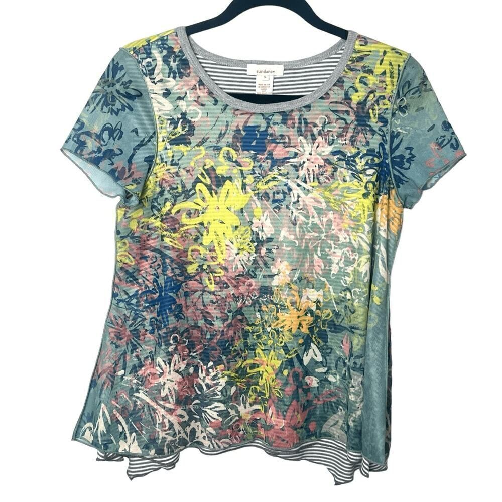 Sundance Double Layer Short Sleeve Floral Shirt Top Sz S
